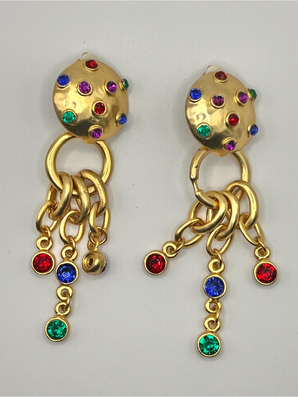 Vintage 80s/90s Multi-Color Rhinestone Dome Dangle Statement Earrings